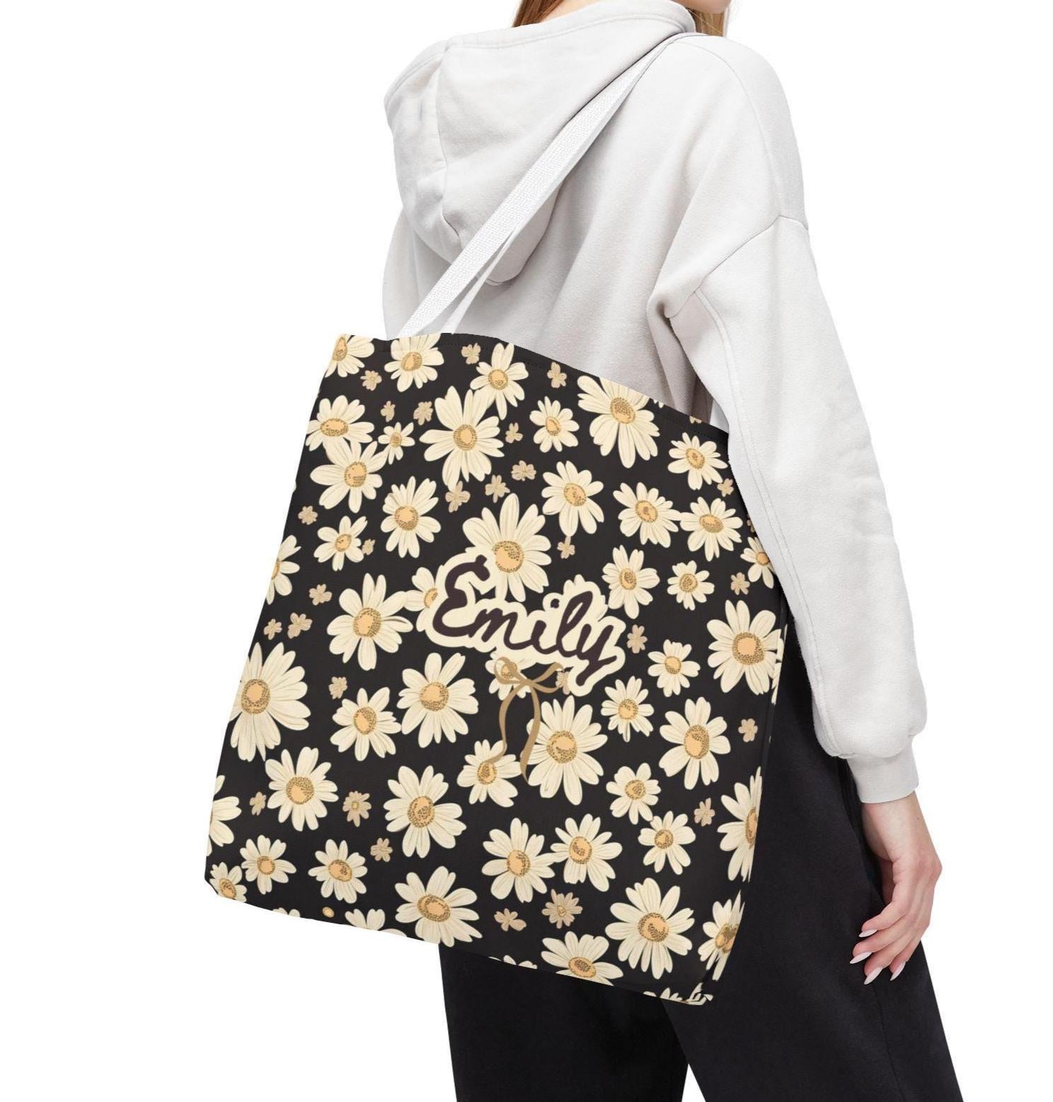 Personalized Wildflower Daisy Tote Bag, Custom Name Boho Floral Everyday Bag