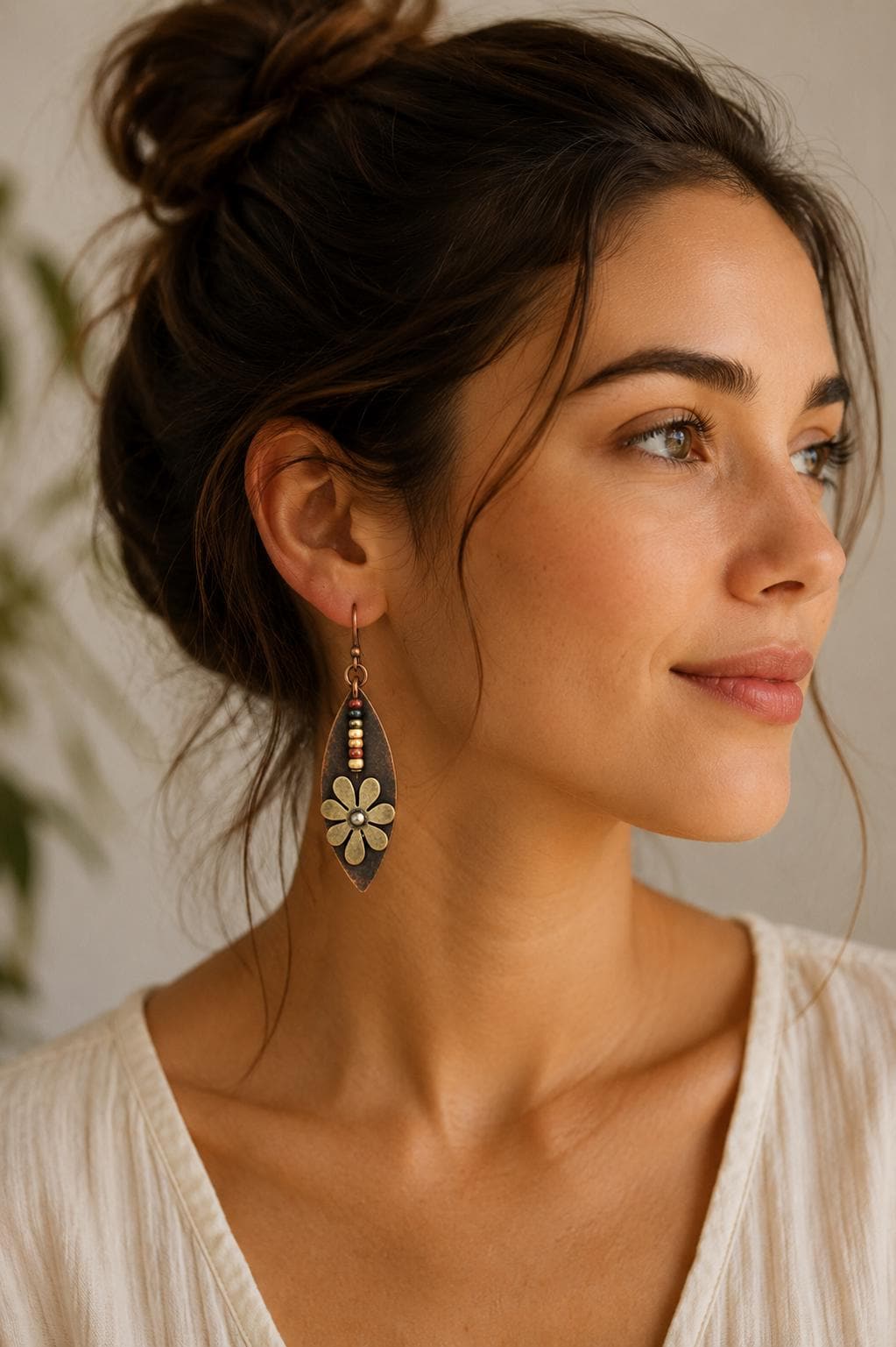 BohoWrapFrancesca Rustic Copper Flower Dangle Earrings Beaded Jewelry