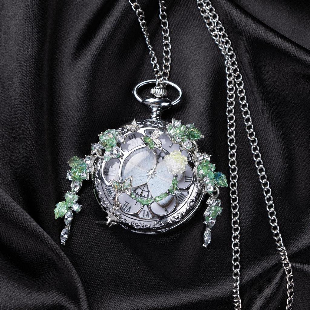 Oryeia Handmade White Butterfly Specimen Pocket Watch Green Crystal Necklace