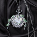 Oryeia Handmade White Butterfly Specimen Pocket Watch Green Crystal Necklace