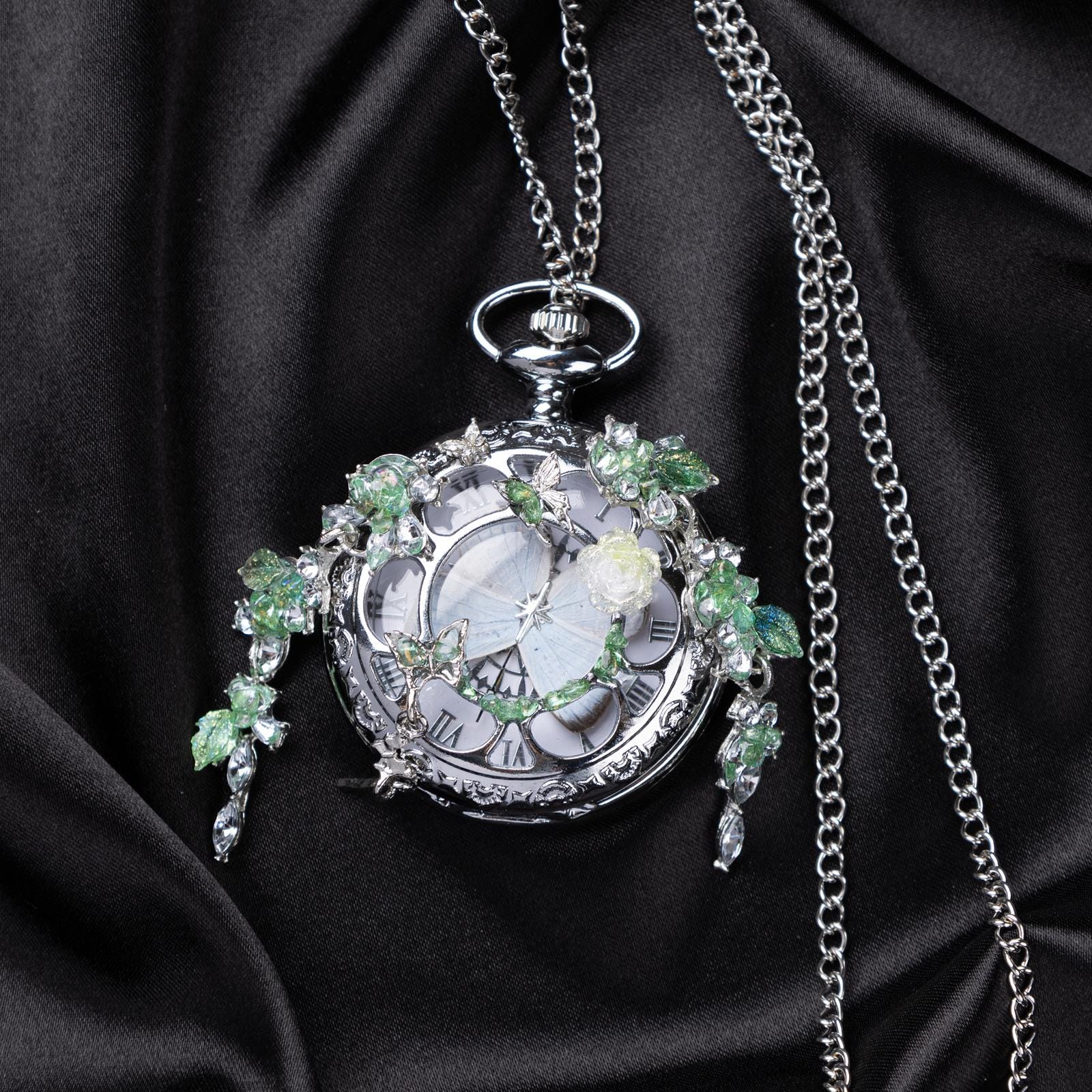 Oryeia Handmade White Butterfly Specimen Pocket Watch Green Crystal Necklace