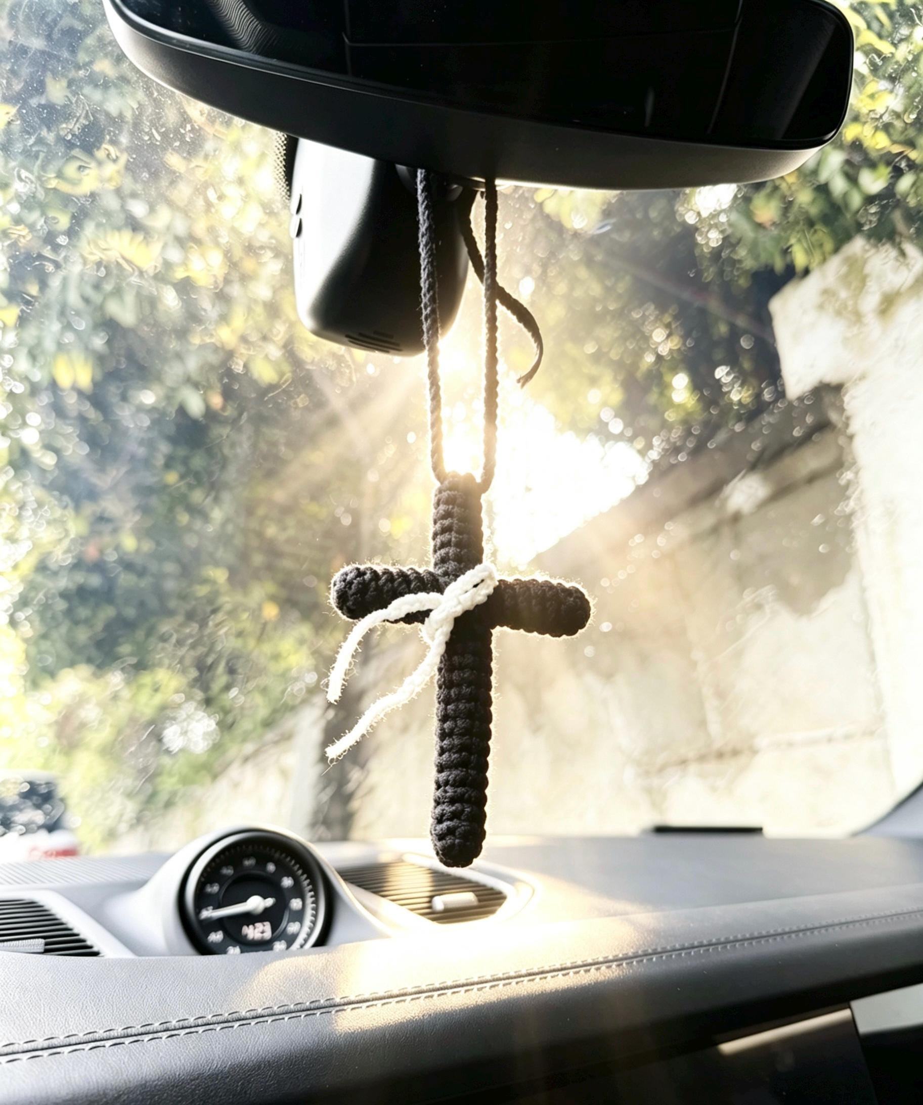 Crochetrecipe Handmade Crochet Jesus Figure Wooden Cross Hanging Car Ornament