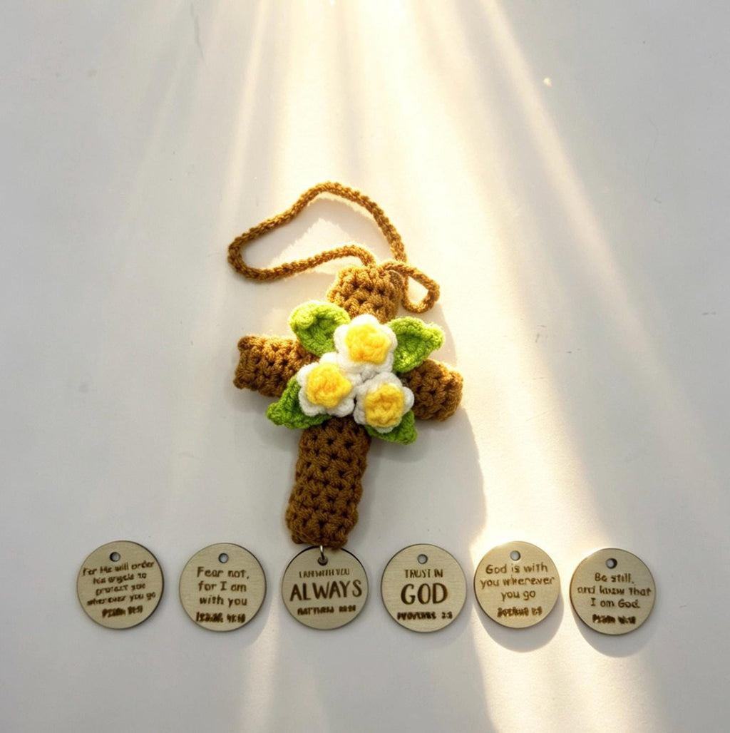 Crochetrecipe Handmade Crochet Jesus Figure Wooden Cross Hanging Car Ornament