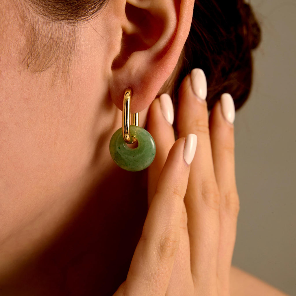EcloraTreasures Natural Jade Dangle Hoop Earrings Gold Plated 10mm