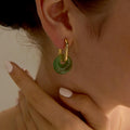 EcloraTreasures Natural Jade Dangle Hoop Earrings Gold Plated 10mm