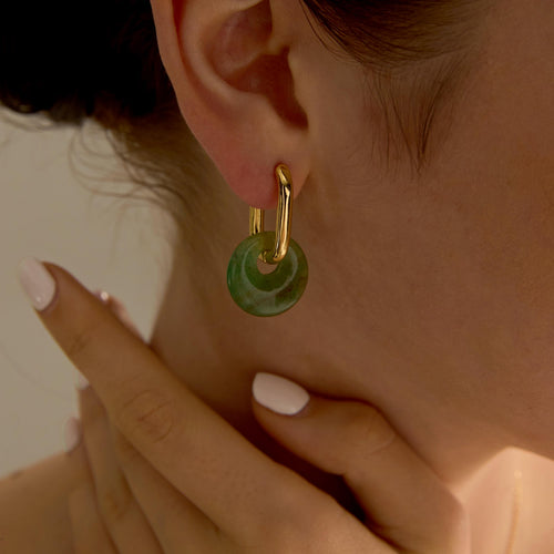 EcloraTreasures Natural Jade Dangle Hoop Earrings Gold Plated 10mm