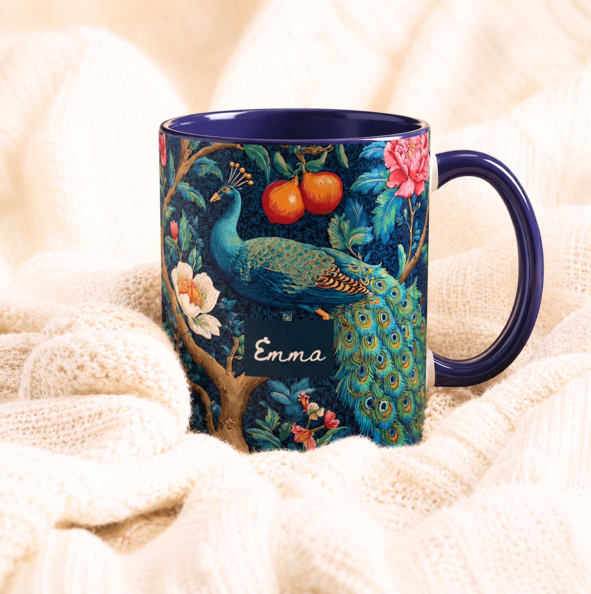 Personalized Peacock Floral Mug, Maximalist Bird Cottagecore Ceramic Cup