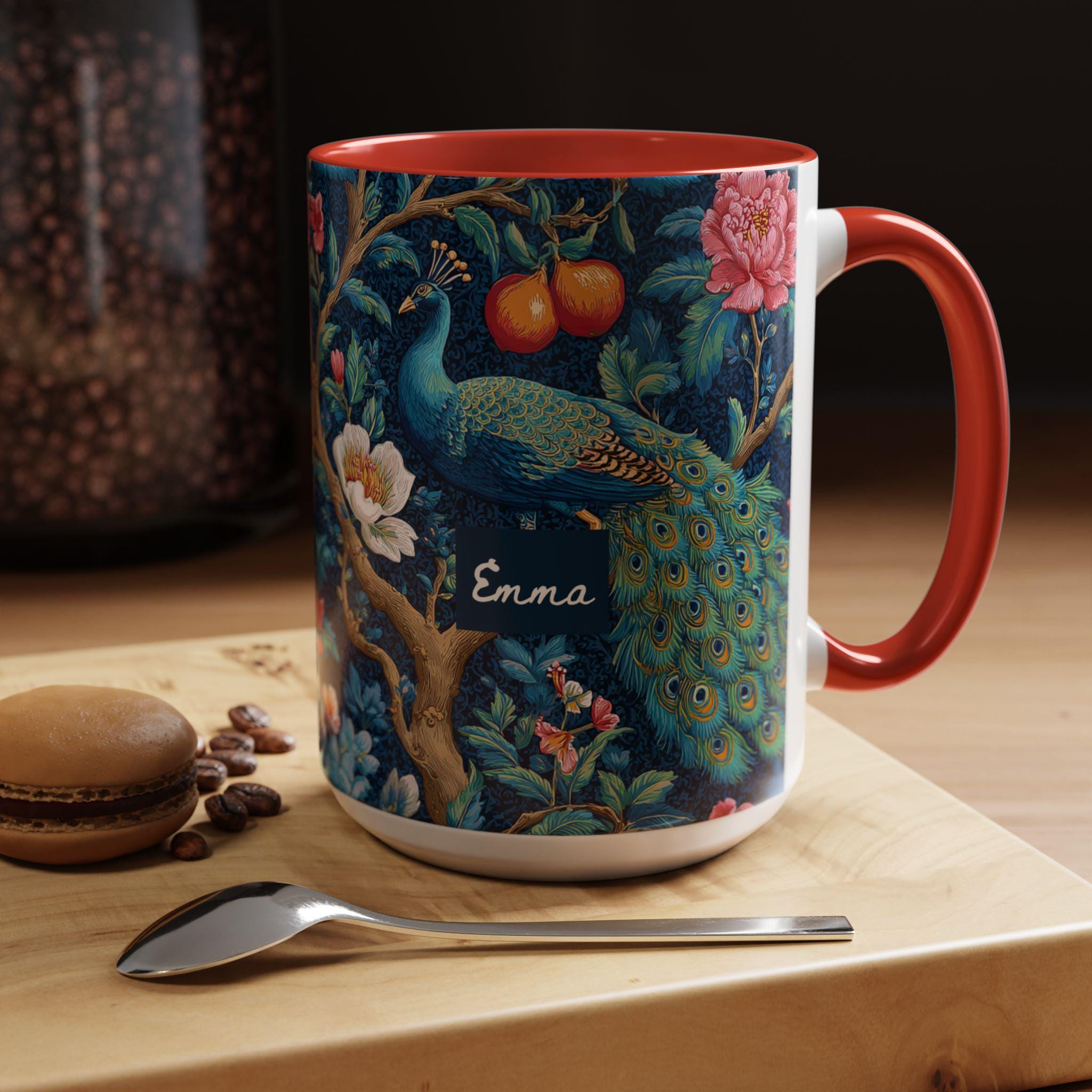 Personalized Peacock Floral Mug, Maximalist Bird Cottagecore Ceramic Cup