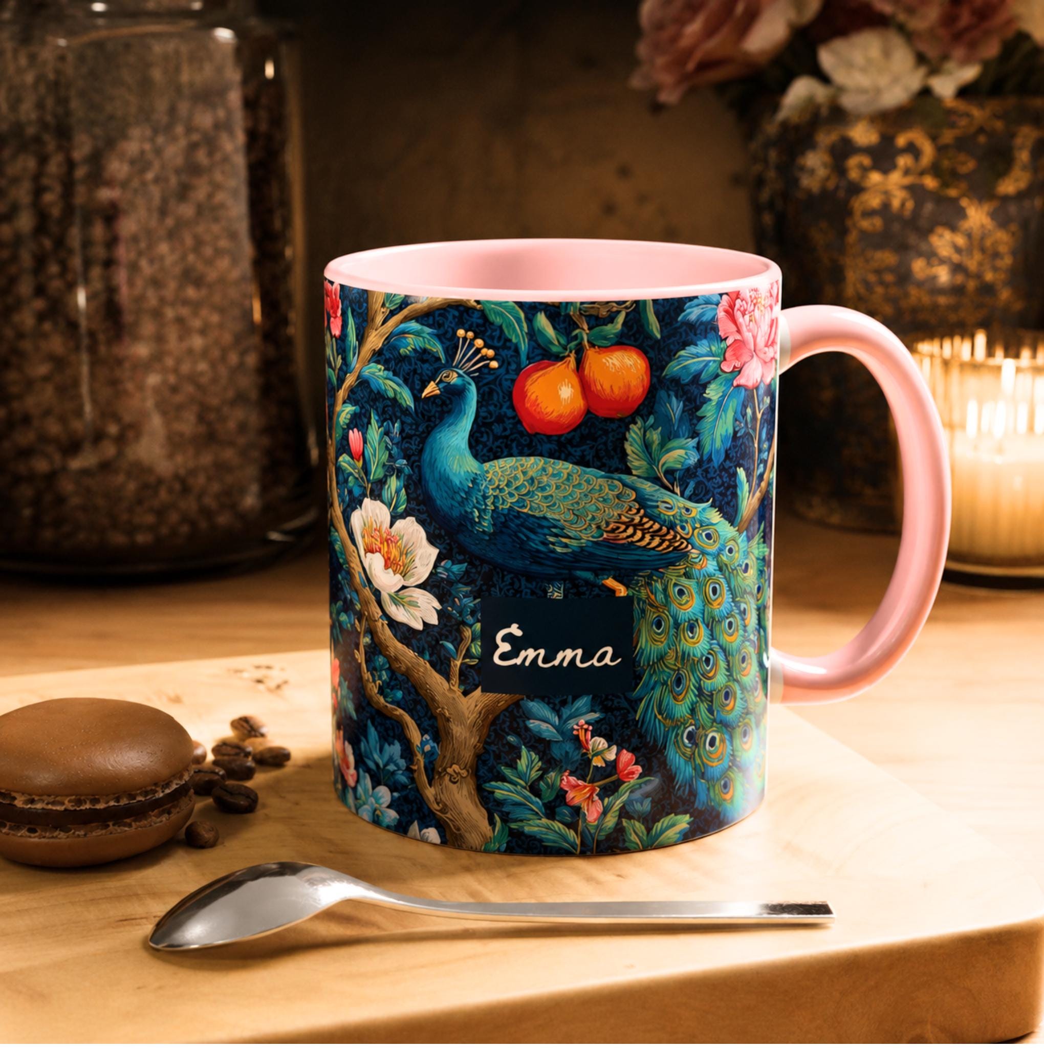 Personalized Peacock Floral Mug, Maximalist Bird Cottagecore Ceramic Cup
