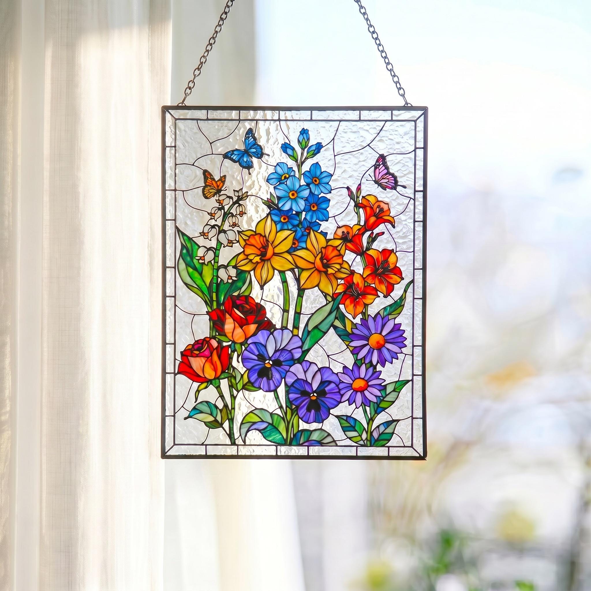 RainLine Custom Birth Flower Bouquet Stained Glass Suncatcher Personalized