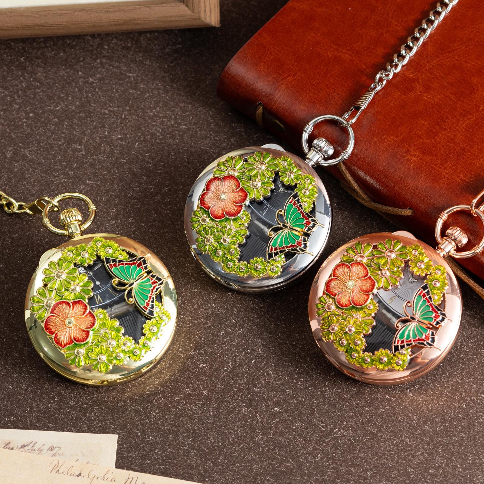 Oryeia Vintage Hollow Filigree Pocket Watch Music Box Butterfly Enamel