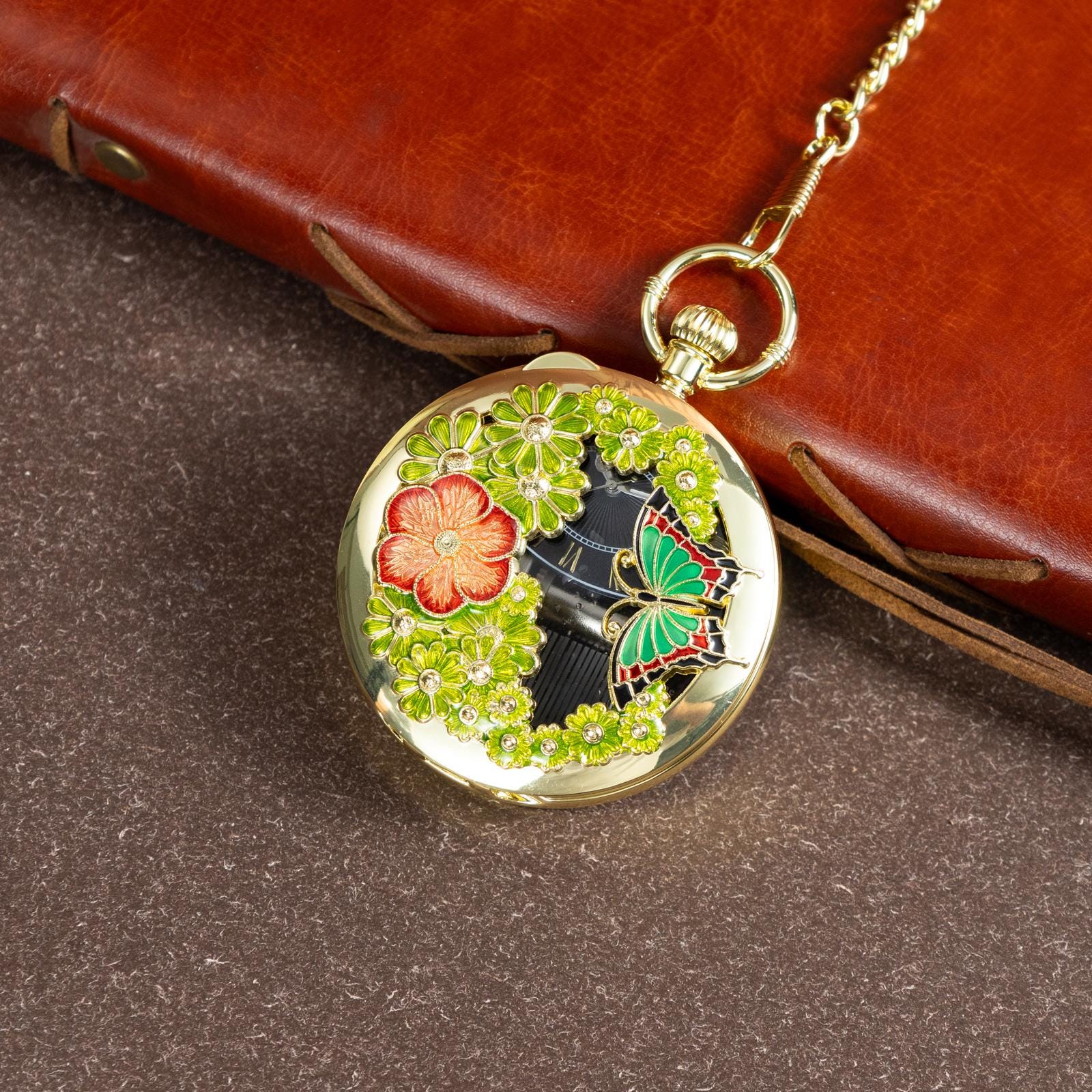Oryeia Vintage Hollow Filigree Pocket Watch Music Box Butterfly Enamel