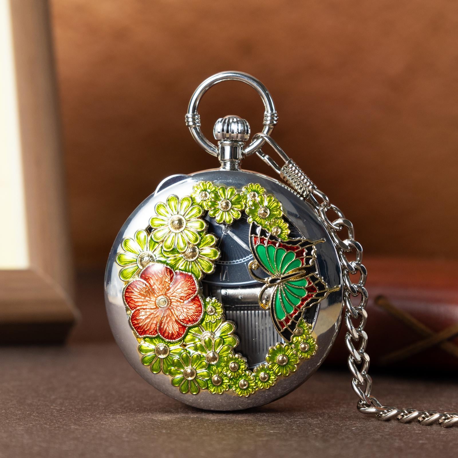 Oryeia Vintage Hollow Filigree Pocket Watch Music Box Butterfly Enamel