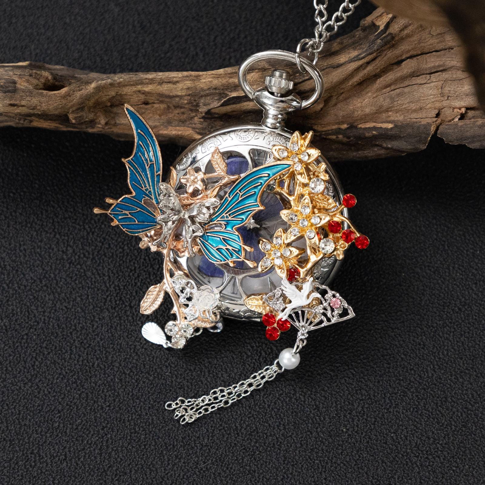 Oryeia Handmade Real Butterfly Specimen Pocket Watch Pendant