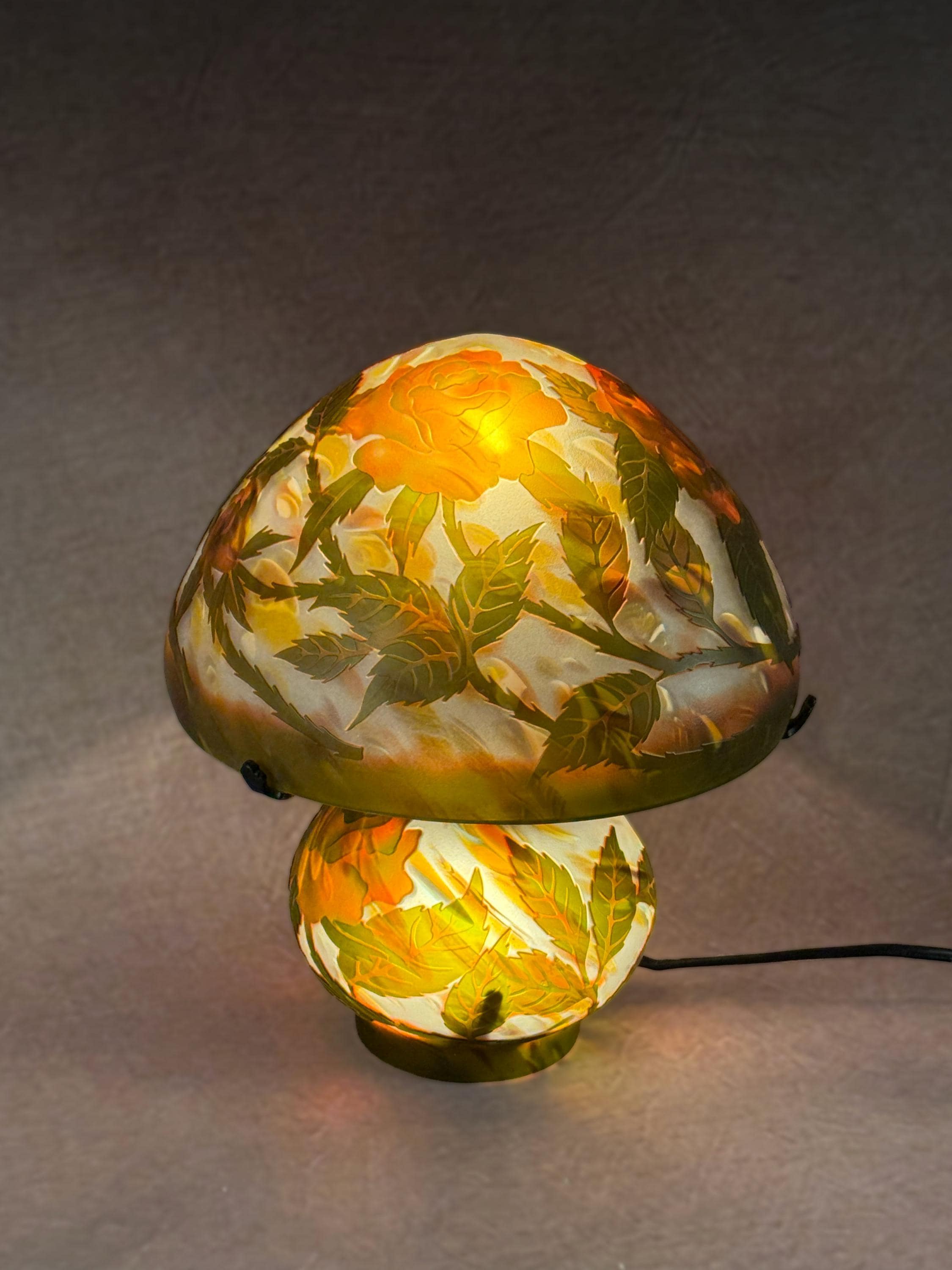 U2Antique Art Nouveau Galle Style Stained Glass Table Lamp Brown and Rose