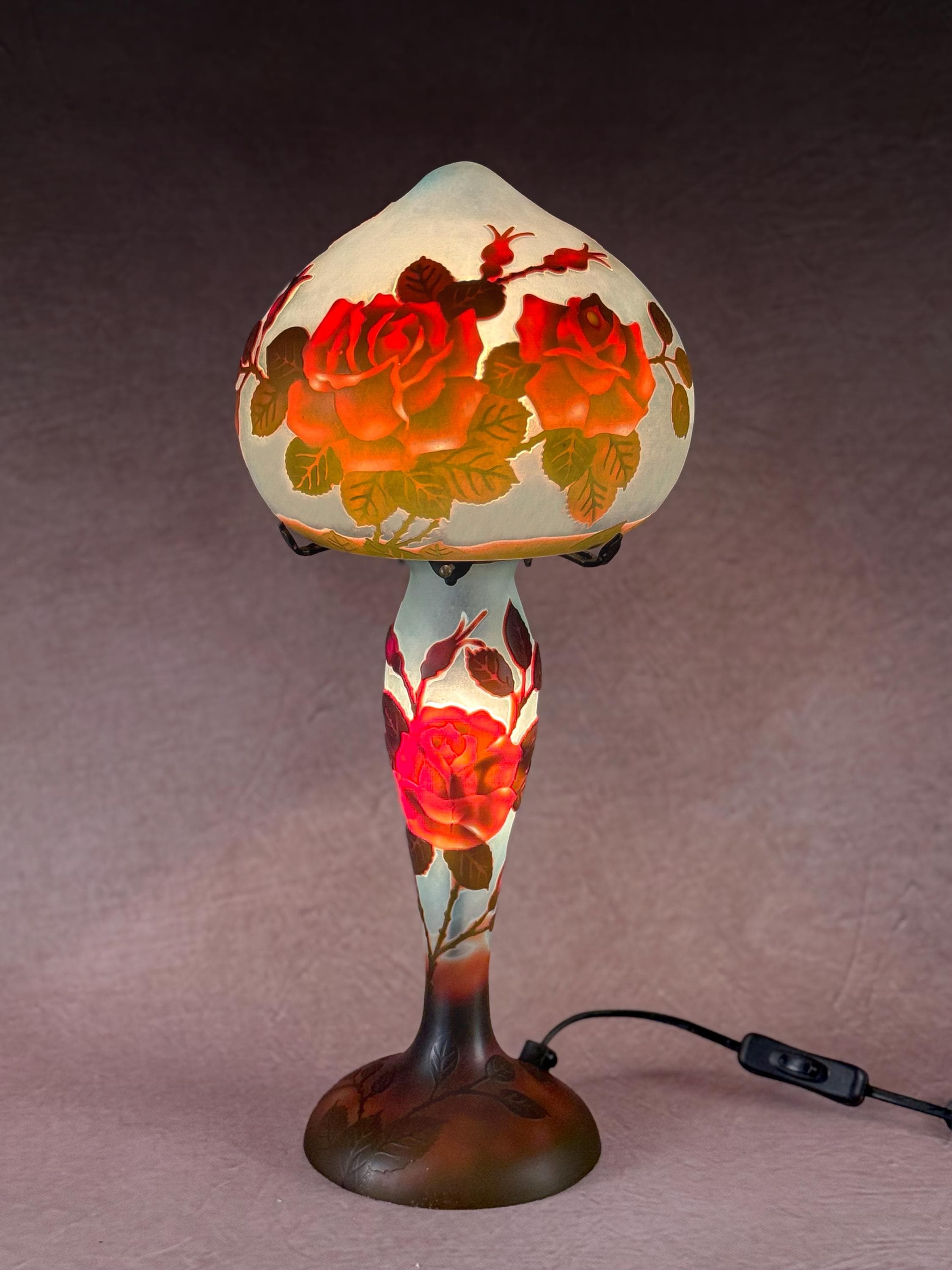 U2Antique Art Nouveau Galle Style Stained Glass Table Lamp Brown and Rose