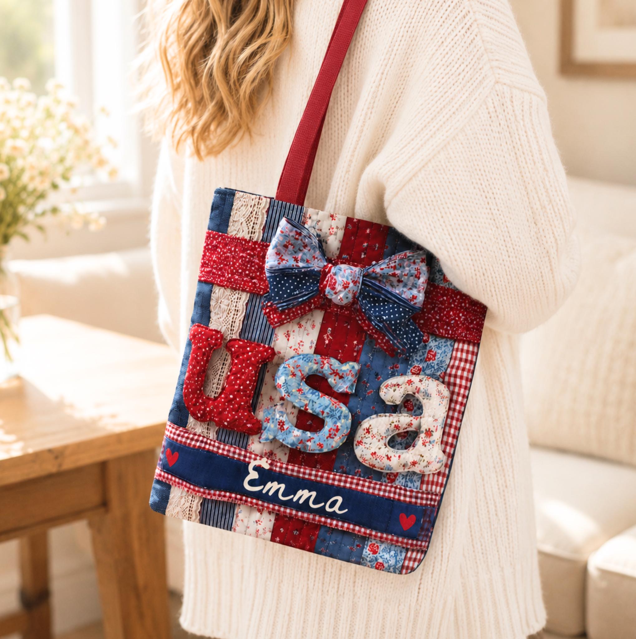 LELORESTORE Personalized Patriotic Floral Faux Patchwork Tote Bag