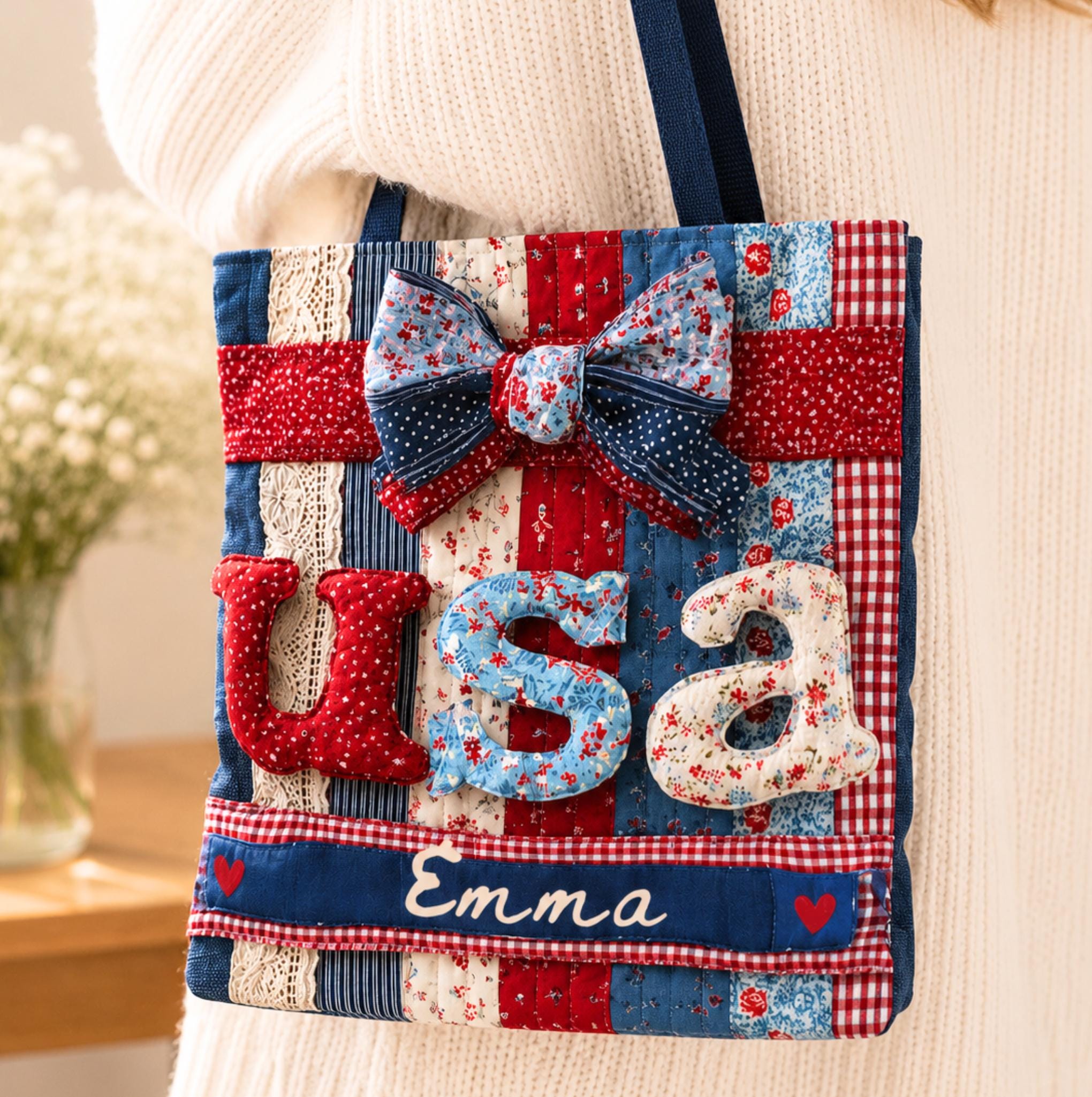 LELORESTORE Personalized Patriotic Floral Faux Patchwork Tote Bag