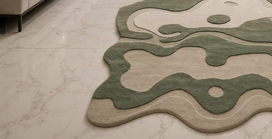 Sage Green Hand Tufted Irregular Camo Area Rug - Wavy Abstract
