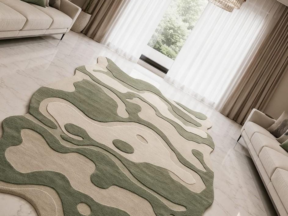 Sage Green Hand Tufted Irregular Camo Area Rug - Wavy Abstract