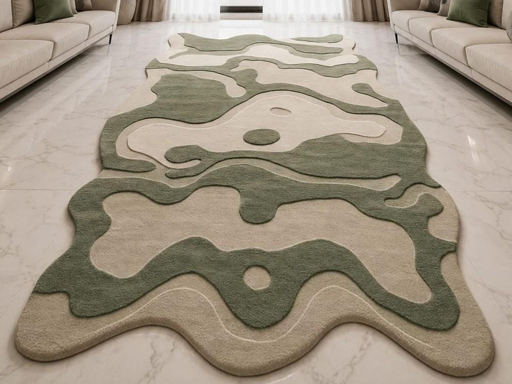 Sage Green Hand Tufted Irregular Camo Area Rug - Wavy Abstract