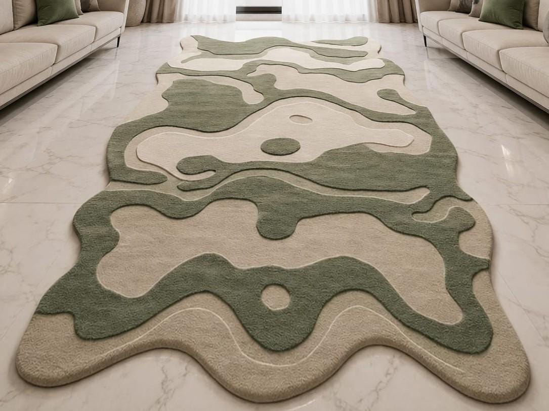 Sage Green Hand Tufted Irregular Camo Area Rug - Wavy Abstract