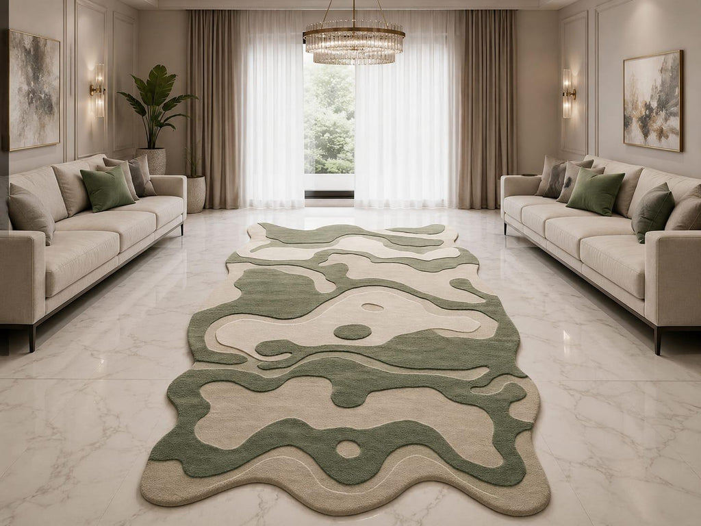 Sage Green Hand Tufted Irregular Camo Area Rug - Wavy Abstract