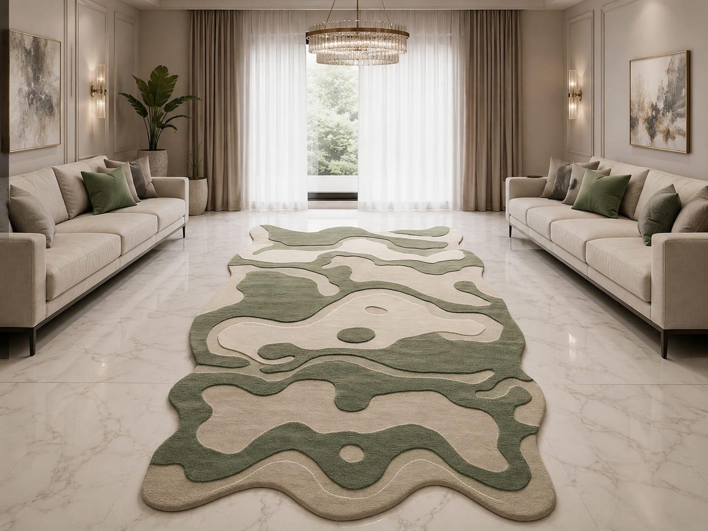 Sage Green Hand Tufted Irregular Camo Area Rug - Wavy Abstract