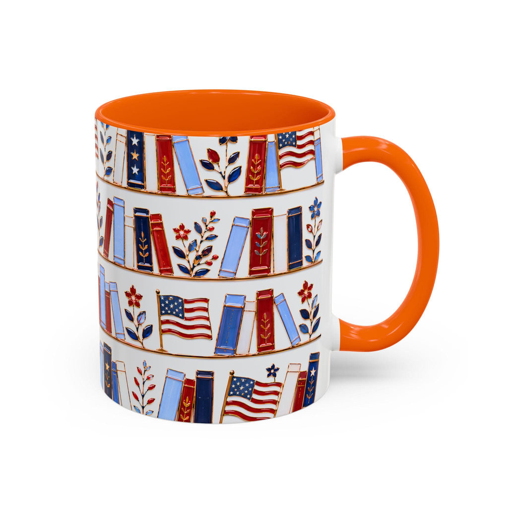 Patriotic Bookshelf Mug Faux Stained Glass American Flag Ceramic Coffee Cup