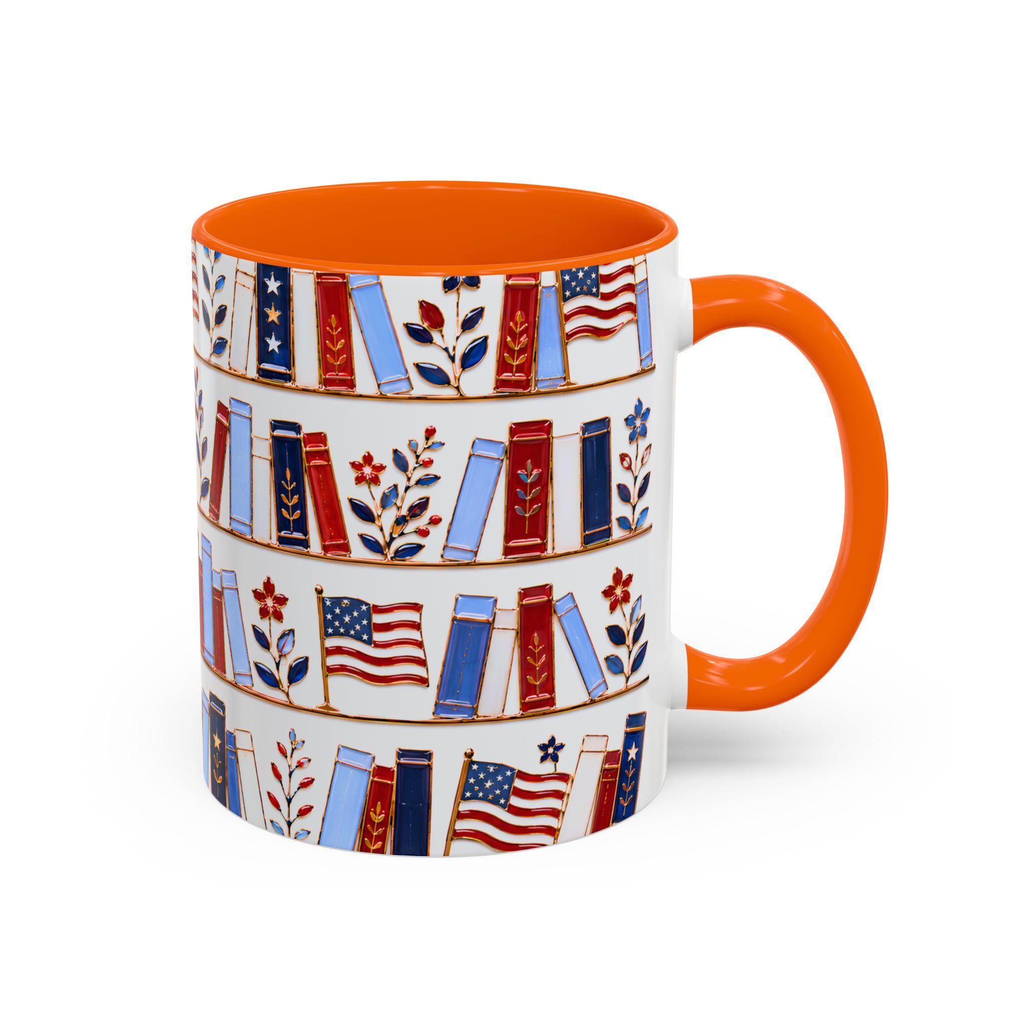 Patriotic Bookshelf Mug Faux Stained Glass American Flag Ceramic Coffee Cup