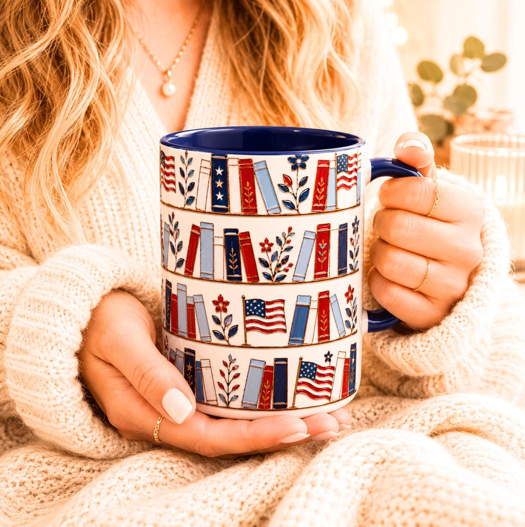 Patriotic Bookshelf Mug Faux Stained Glass American Flag Ceramic Coffee Cup