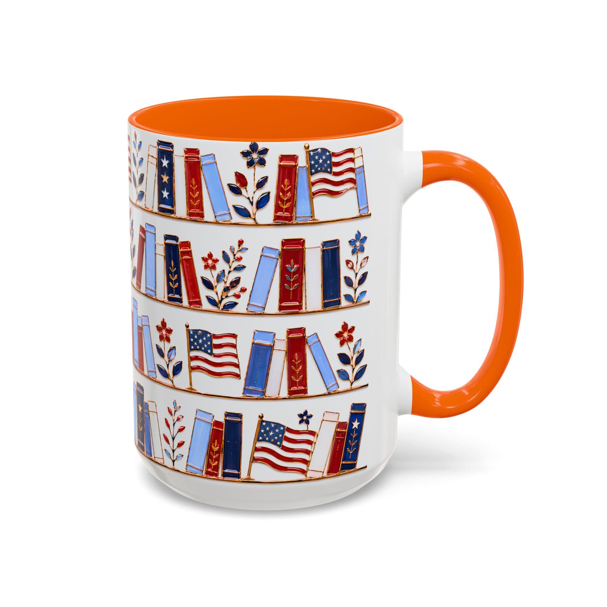 Patriotic Bookshelf Mug Faux Stained Glass American Flag Ceramic Coffee Cup