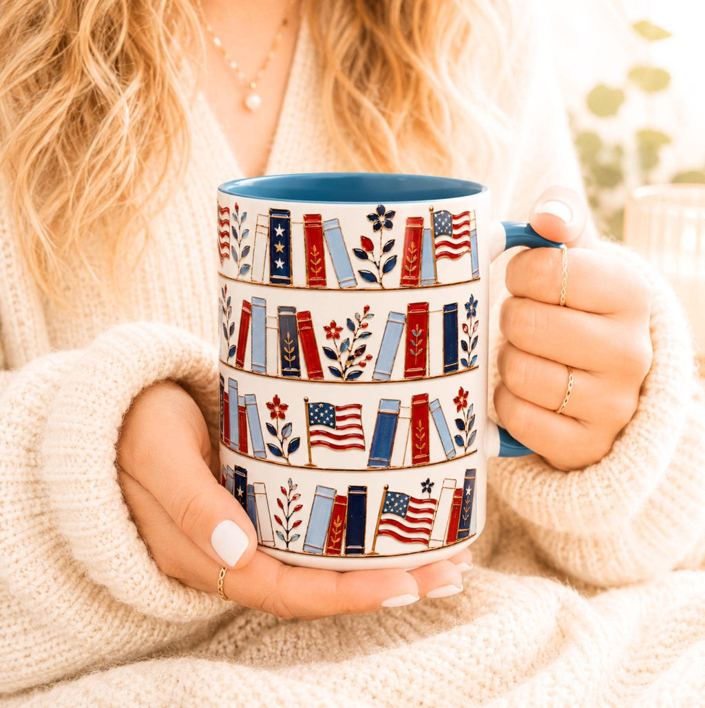 Patriotic Bookshelf Mug Faux Stained Glass American Flag Ceramic Coffee Cup