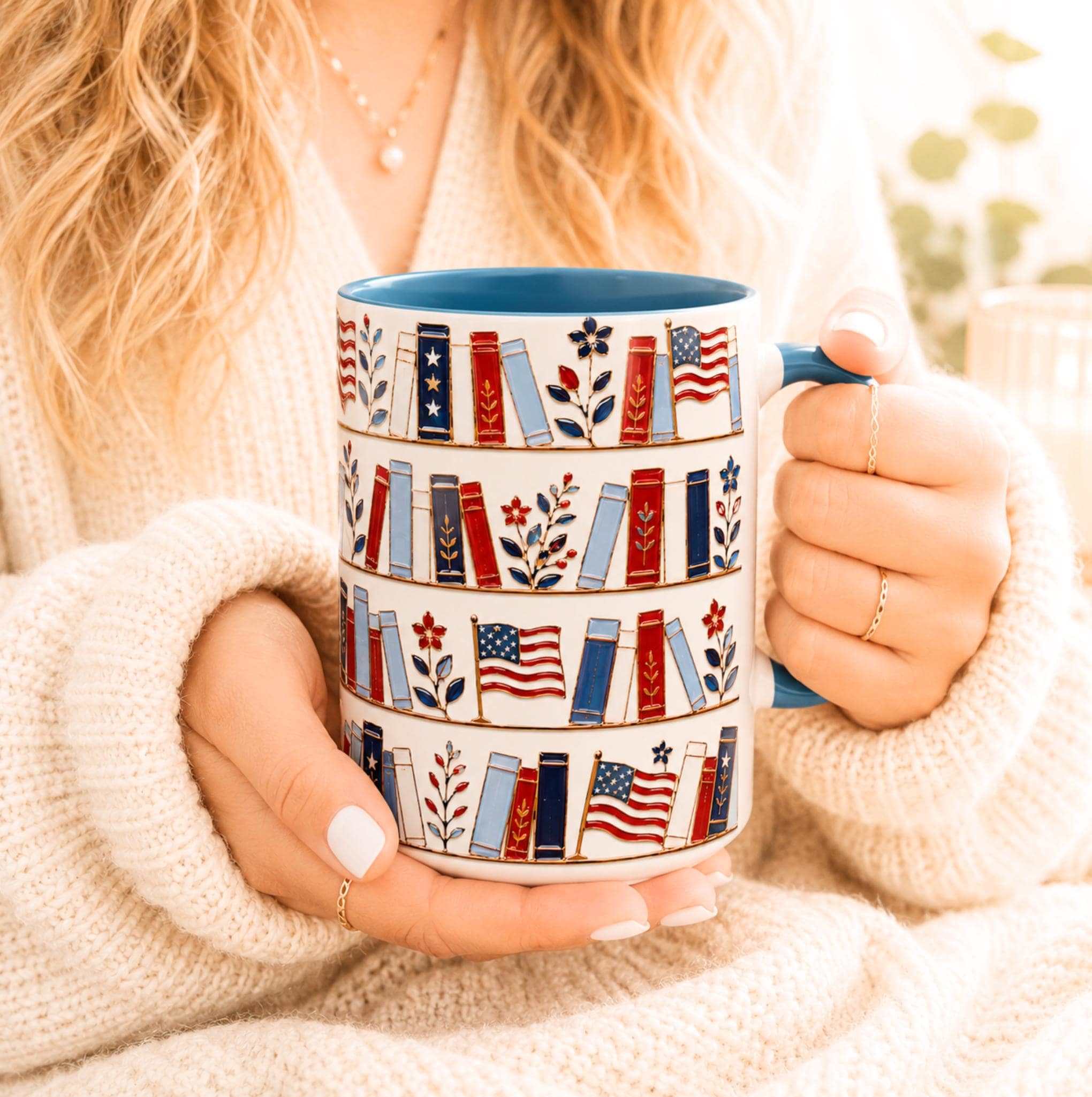 Patriotic Bookshelf Mug Faux Stained Glass American Flag Ceramic Coffee Cup