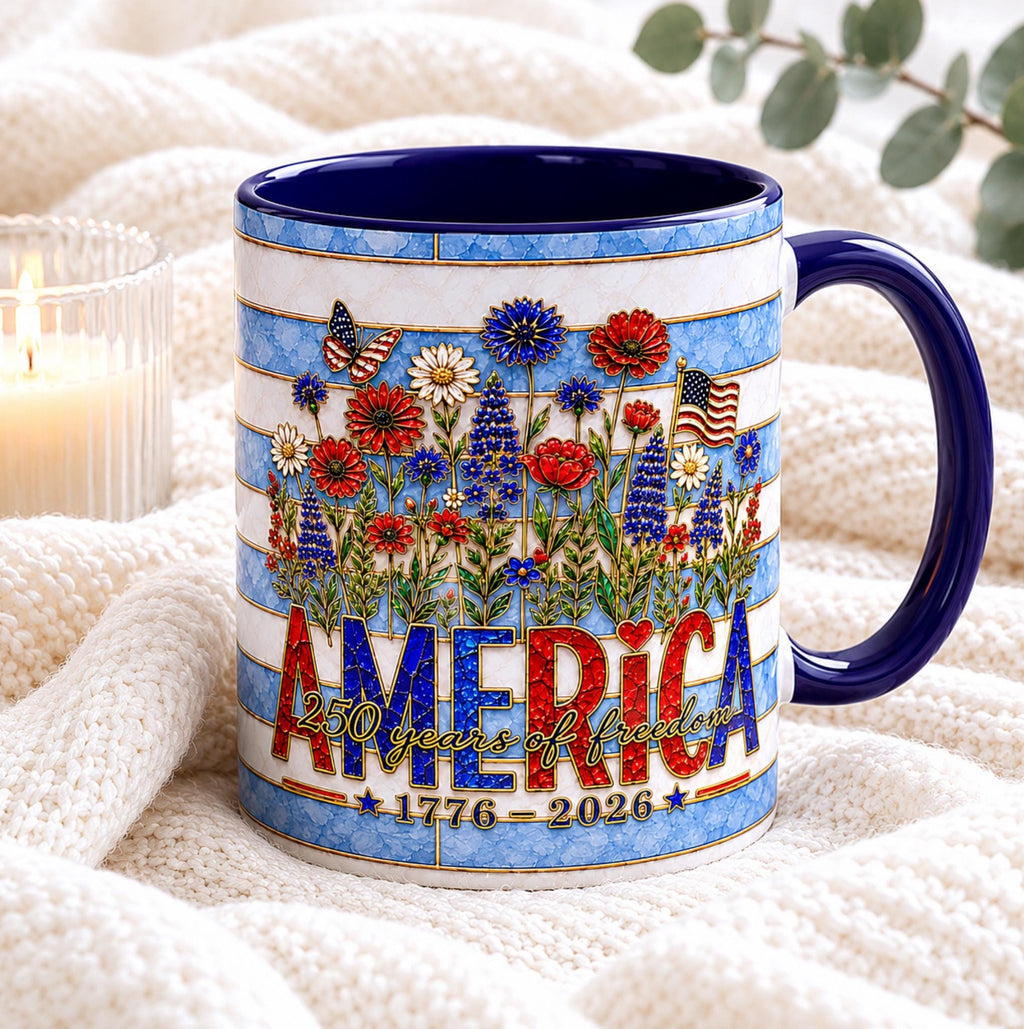 LELORESTORE America 250 Faux Stained Glass Mug Patriotic Wildflower