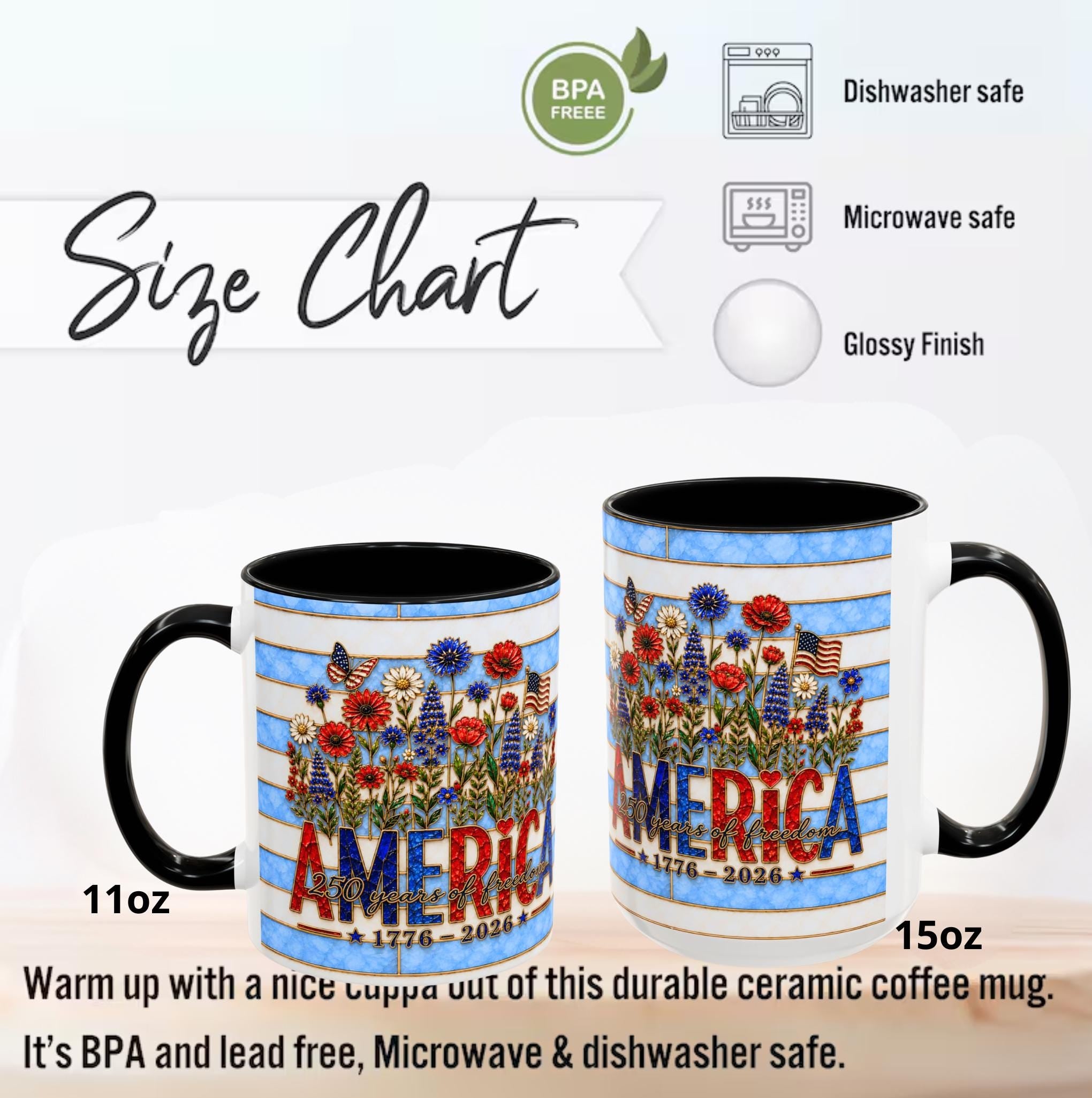 LELORESTORE America 250 Faux Stained Glass Mug Patriotic Wildflower