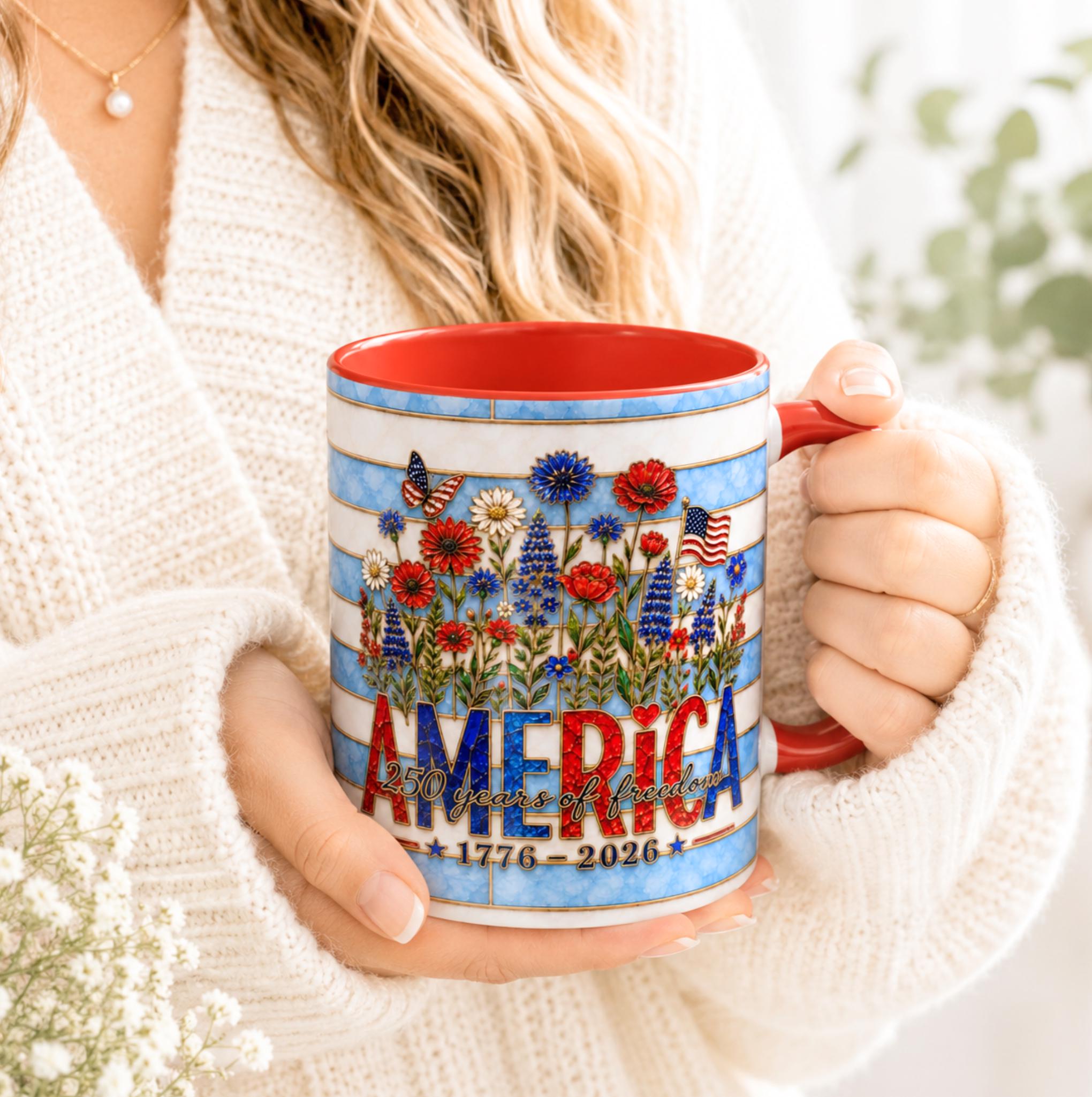 LELORESTORE America 250 Faux Stained Glass Mug Patriotic Wildflower