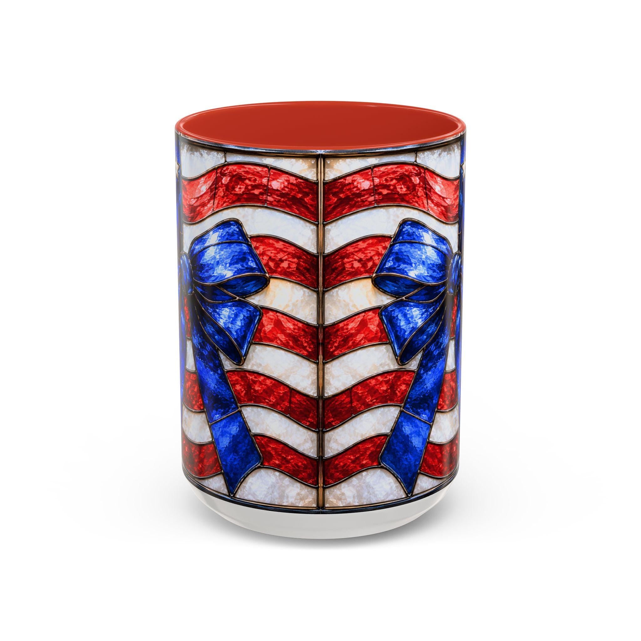 LELORESTORE Stained Glass Style American Flag Mug Patriotic Bow Coffee Cup 11oz