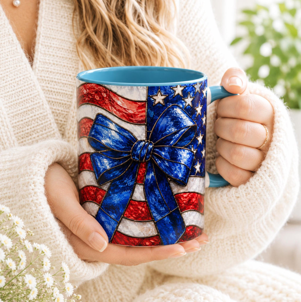 LELORESTORE Stained Glass Style American Flag Mug Patriotic Bow Coffee Cup 11oz