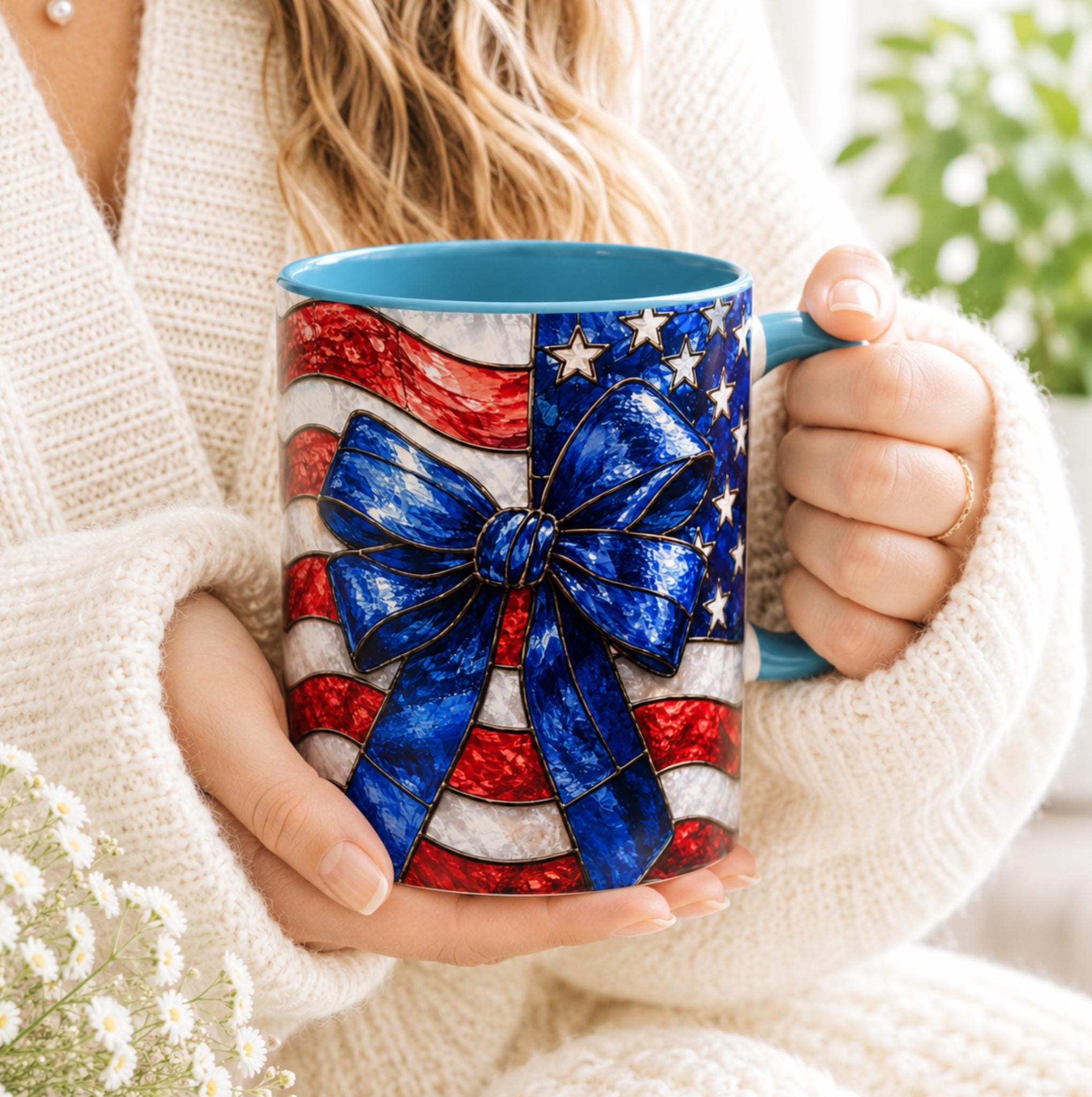 LELORESTORE Stained Glass Style American Flag Mug Patriotic Bow Coffee Cup 11oz