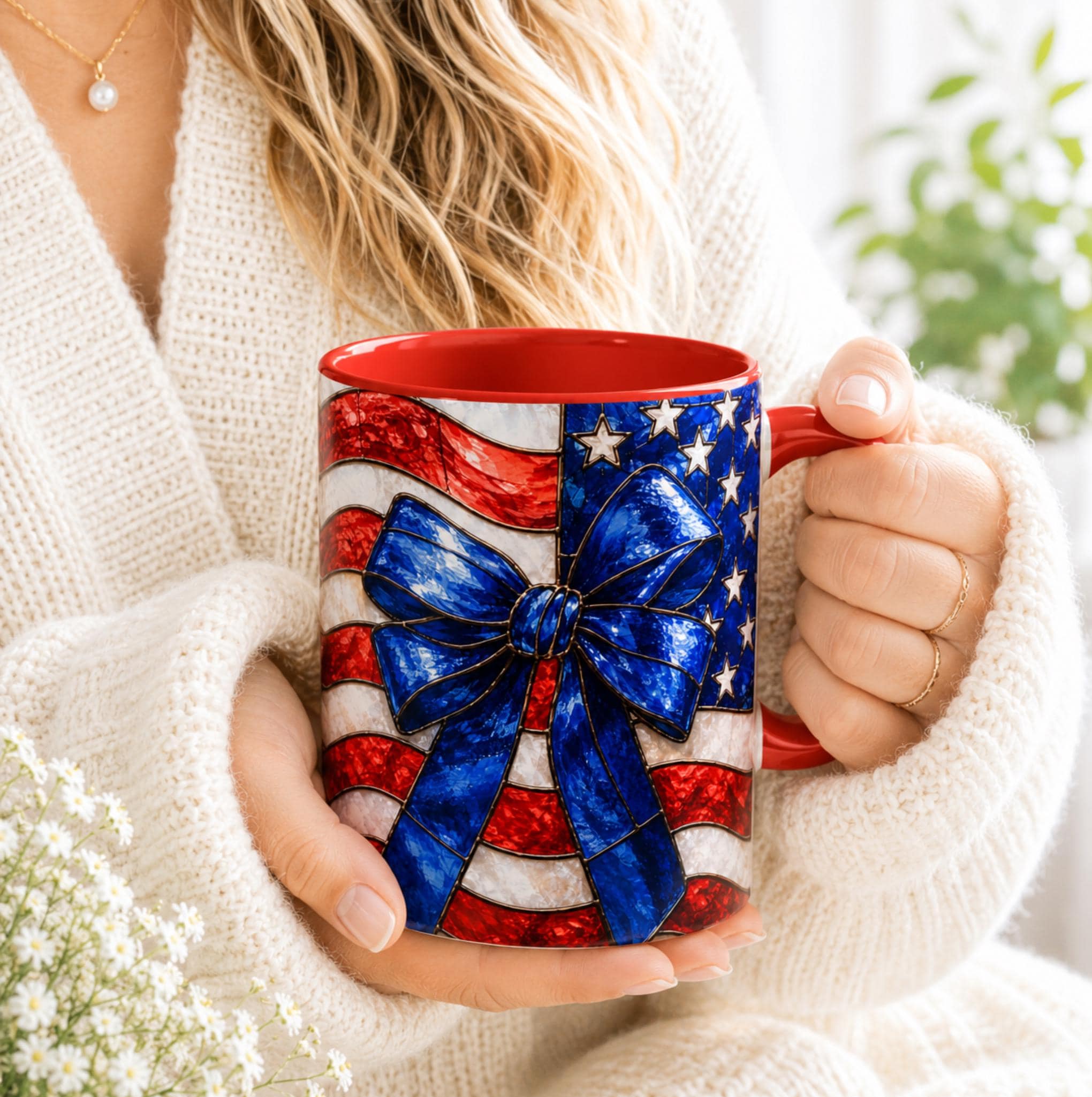 LELORESTORE Stained Glass Style American Flag Mug Patriotic Bow Coffee Cup 11oz