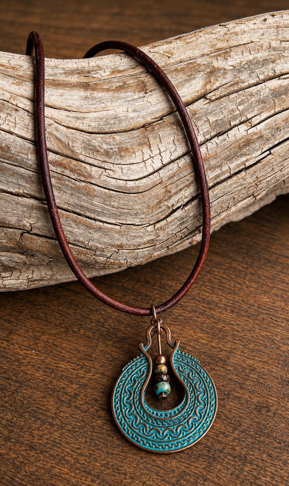 BohoWrapFrancesca Boho Leather Cord Necklace Copper Patina Pendant Beaded Jewelry