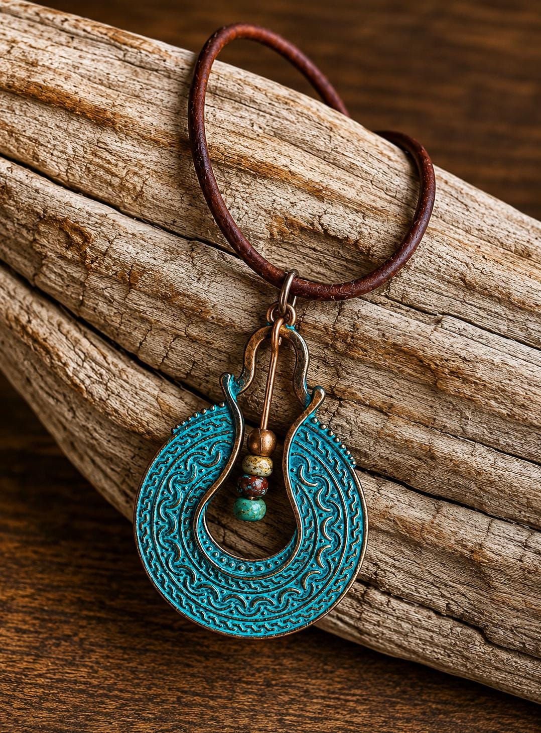 BohoWrapFrancesca Boho Leather Cord Necklace Copper Patina Pendant Beaded Jewelry