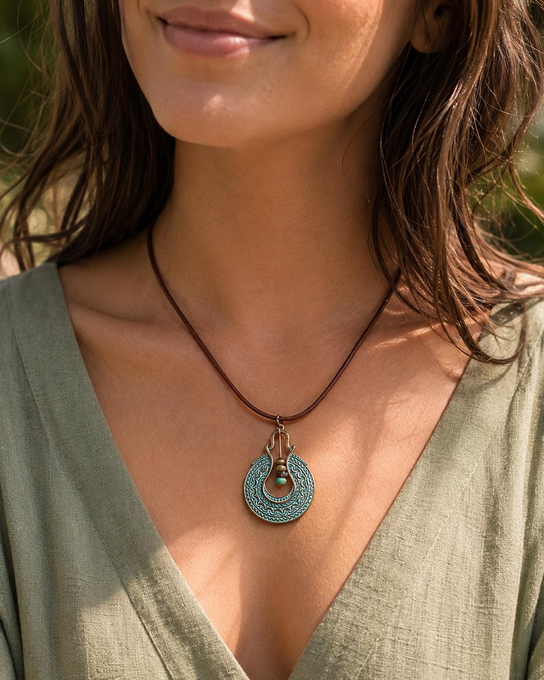 BohoWrapFrancesca Boho Leather Cord Necklace Copper Patina Pendant Beaded Jewelry