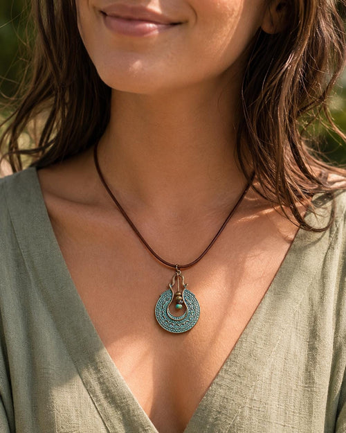 BohoWrapFrancesca Boho Leather Cord Necklace Copper Patina Pendant Beaded Jewelry