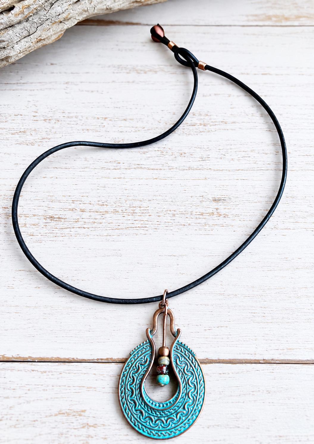 BohoWrapFrancesca Boho Leather Cord Necklace Copper Patina Pendant Beaded Jewelry