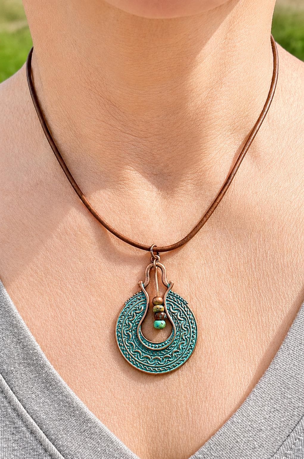 BohoWrapFrancesca Boho Leather Cord Necklace Copper Patina Pendant Beaded Jewelry