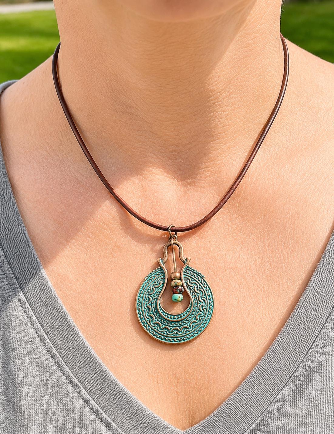 BohoWrapFrancesca Boho Leather Cord Necklace Copper Patina Pendant Beaded Jewelry