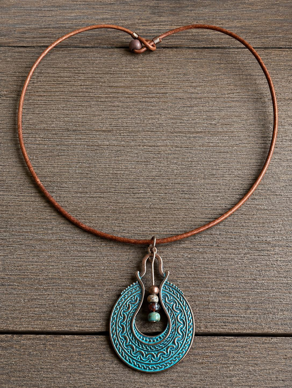 BohoWrapFrancesca Boho Leather Cord Necklace Copper Patina Pendant Beaded Jewelry