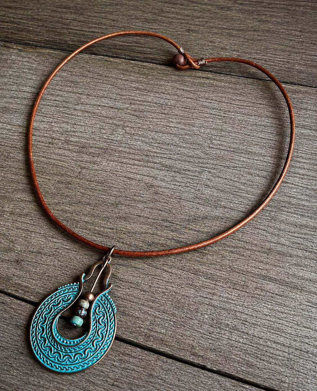 BohoWrapFrancesca Boho Leather Cord Necklace Copper Patina Pendant Beaded Jewelry